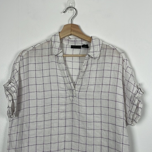 Tahari Linen cap sleeve pullover V neck window pane design tunic top Size Medium - Picture 3 of 8